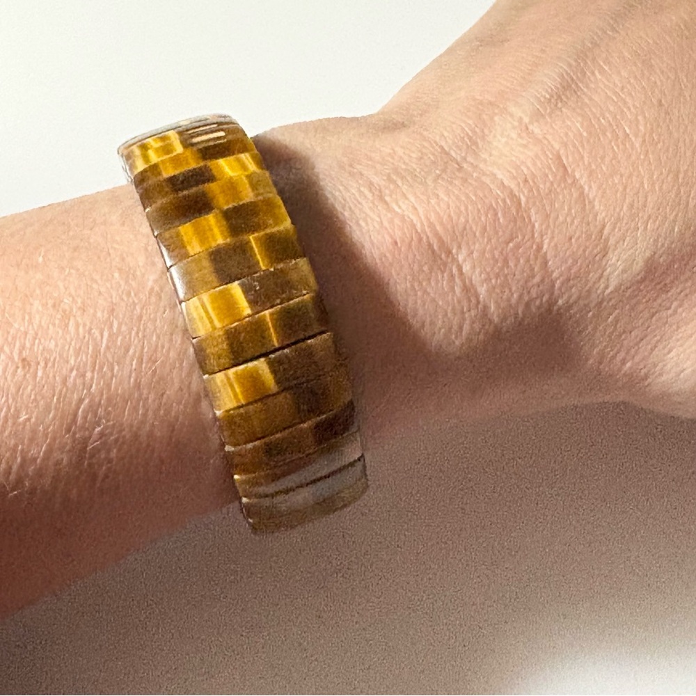 Vintage Natural Golden Tiger Eye Gem Stainless Steel Band Stretch Bracelet